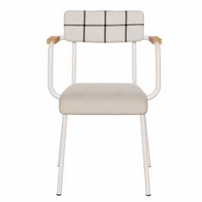 Fauteuil d’écolier Adulte Suzie en formica – Bi-matière Dossier Coton Carreaux & Assise Velours Écru - Pieds Blancs