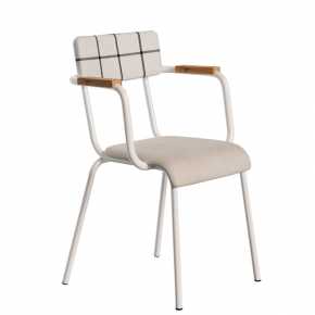 Fauteuil d’écolier Adulte Suzie en formica – Bi-matière Dossier Coton Carreaux & Assise Velours Écru - Pieds Blancs