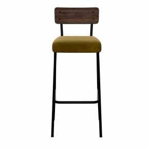 Chaise de Bar Suzie 65cm – Bicolore Dossier Stratifié Bois Foncé & Assise Velours Jaune Ocre - Pieds Noirs