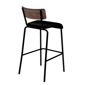 Chaise de Bar Suzie 65cm – Bicolore Dossier Stratifié Bois Foncé & Assise Velours Noire - Pieds Noirs