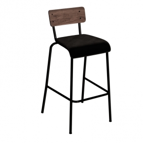 Chaise de Bar Suzie 65cm – Bicolore Dossier Stratifié Bois Foncé & Assise Velours Noire - Pieds Noirs