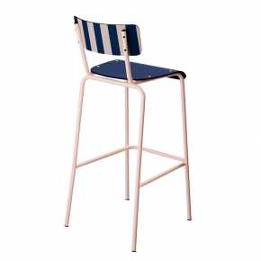 Chaise de bar Suzie 75cm - Dossier Stratifié imprimé French Riviera & Assise uni Bleu Marine - Pieds Rose Poudré