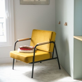 Fauteuil Barnabé - uni Dossier & Assise Velours Ocre Jaune Ambre - Pieds Noirs