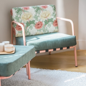 Fauteuil Barnabé - Dossier tissu Bloom & Assise Velours côtelé Vert Forêt - Pieds Terracotta