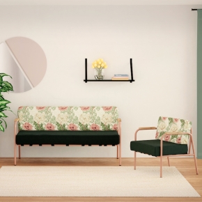 Fauteuil Barnabé - Dossier tissu à Fleurs & Assise Velours côtelé Vert Forêt - Pieds Terracotta
