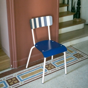 Chaise d’écolier Adulte Suzie Stratifié Dossier imprimé French Riviera & Assise uni Bleu Marine - Pieds Rose Poudré