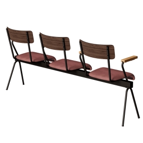 Banc Anouk 3 places - Dossiers Stratifié Bois Foncé & Assises en velours Bois de Rose, Structure & pieds Noirs