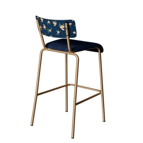Chaise de bar Suzie 65cm - Dossier en Stratifié imprimé Rosa Bonheur & Assise Velours Bleu Marine - Pieds Dorés