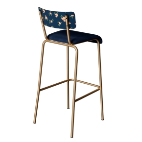 Chaise de bar Suzie 75cm - Dossier en Stratifié imprimé Rosa Bonheur & Assise Velours Bleu Marine - Pieds Dorés