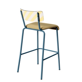Chaise de bar Suzie 65cm - Dossier Stratifié imprimé Ice Cream Jaune & Assise en Tissu uni Bleu - Pieds Bleu