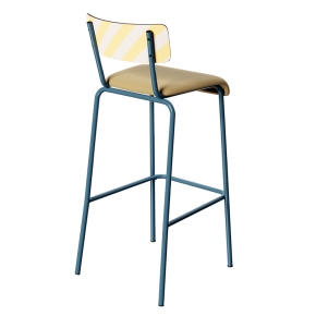 Chaise de bar Suzie 75cm - Dossier Stratifié imprimé Ice Cream Jaune & Assise en Tissu uni Bleu - Pieds Bleu