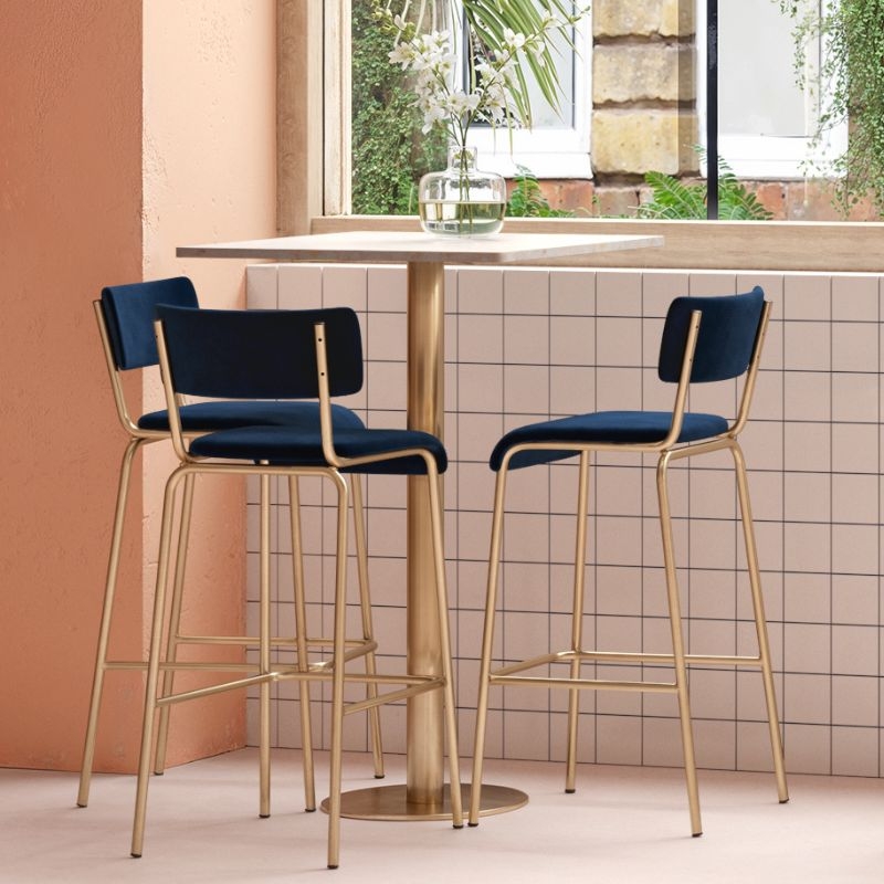 Chaise de bar Suzie 75cm - Dossier & Assise Velours Bleu Marine - Pieds Dorés