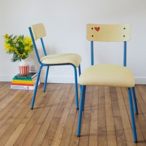 Chaise d’écolier Adulte Suzie Dossier & Assise en Tissu Uni Jaune - Pieds Bleu