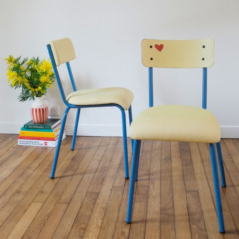 Chaise d’écolier Adulte Suzie Dossier & Assise en Tissu Uni Jaune - Pieds Bleu