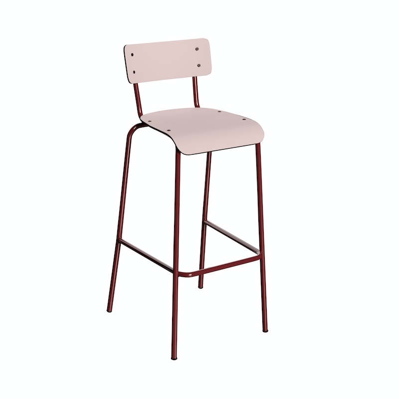 NEW Chaise de bar Suzie 75cm – Stratifié Dossier & Assise uni Rose Poudré - Pieds Bordeaux