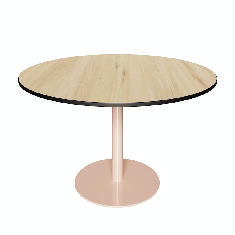 NEW Table Ronde Léon – Stratifié Imprimé Bois Clair - Pied central Rose Poudré - Ø 120 cm