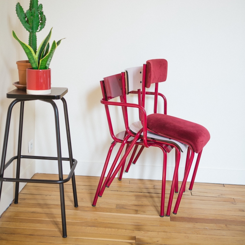 NEW Chaise d’écolier Adulte Suzie – Dossier & Assise Velours Bordeaux - Pieds Bordeaux