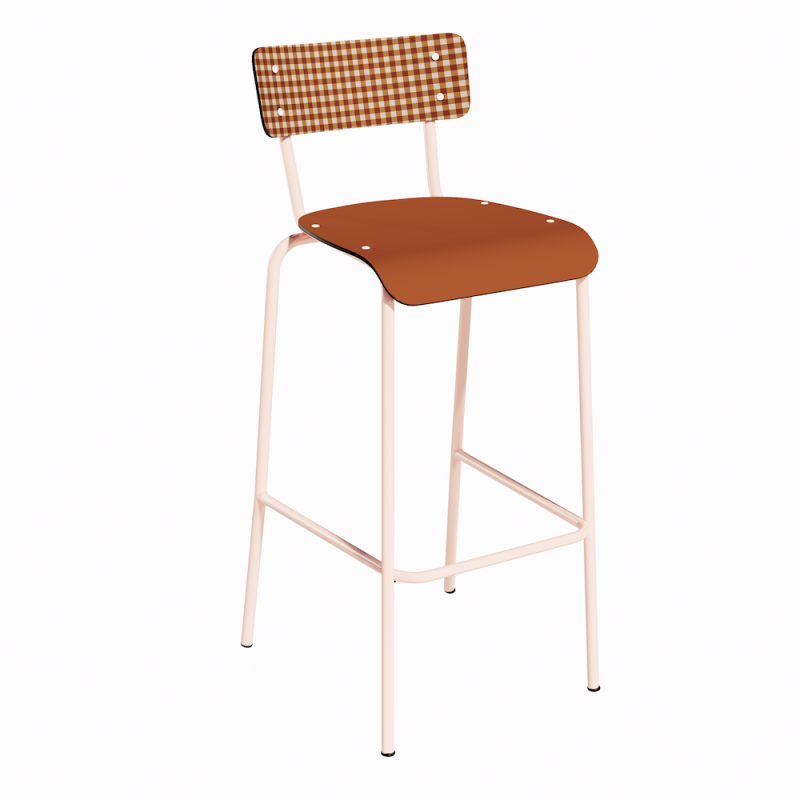 NEW Chaise de bar Suzie 75cm - Dossier Stratifié imprimé Mini Vichy & Assise stratifié uni Paprika - Pieds Rose Poudré