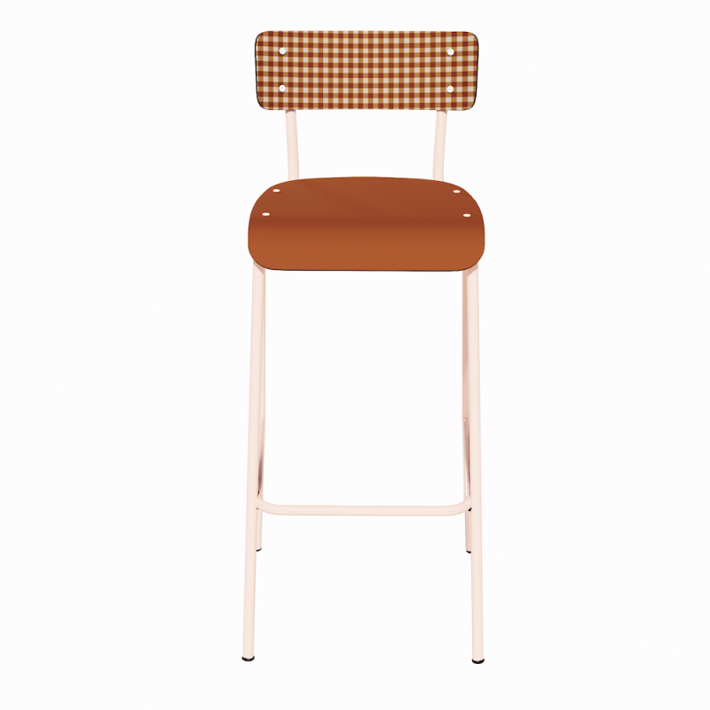 NEW Chaise de bar Suzie 75cm - Dossier Stratifié imprimé Mini Vichy & Assise stratifié uni Paprika - Pieds Rose Poudré