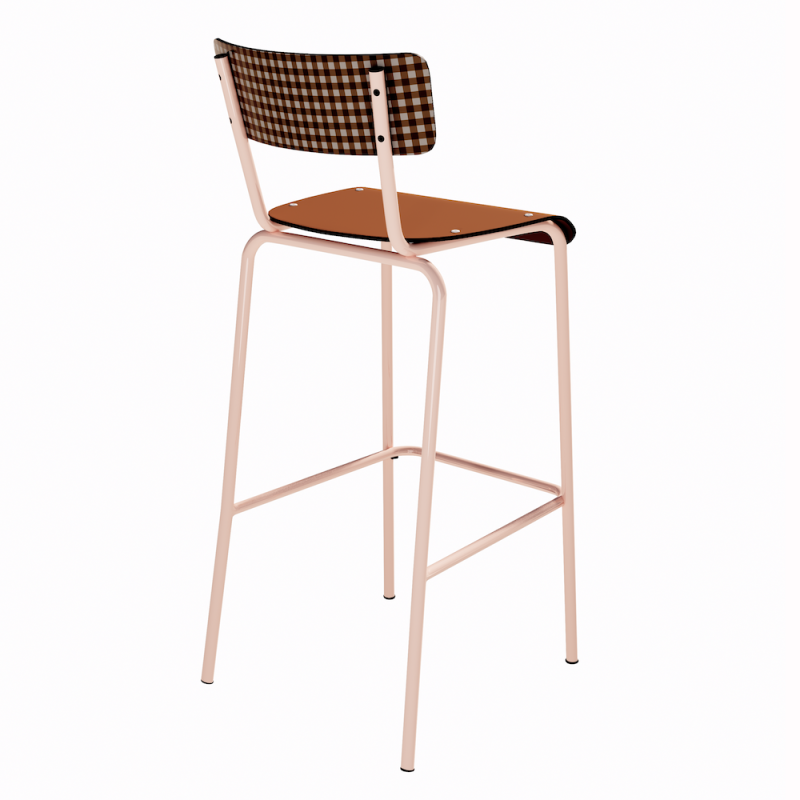 NEW Chaise de bar Suzie 75cm - Dossier Stratifié imprimé Mini Vichy & Assise stratifié uni Paprika - Pieds Rose Poudré