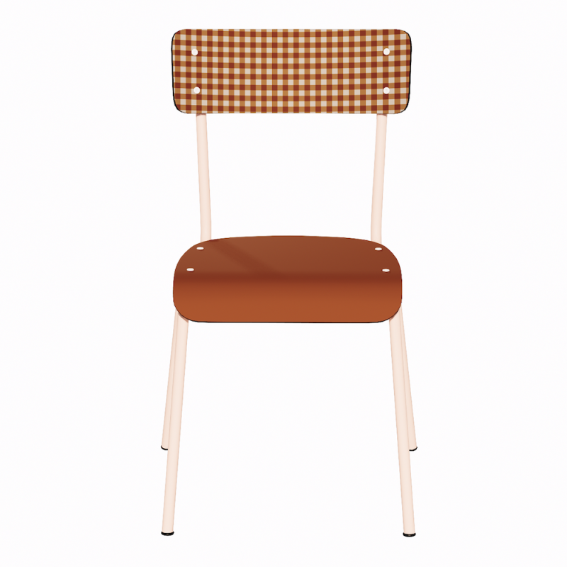 NEW Chaise d’écolier Adulte Suzie Stratifié Dossier imprimé Mini Vichy & Assise uni Paprika - Pieds Rose Poudré