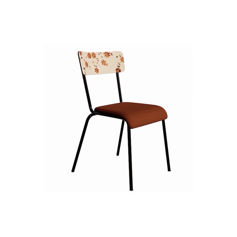 NEW Chaise d’écolier Adulte Suzie Stratifié Dossier imprimé Bohème Paprika & Assise velours côtelé Paprika - Pieds Noirs