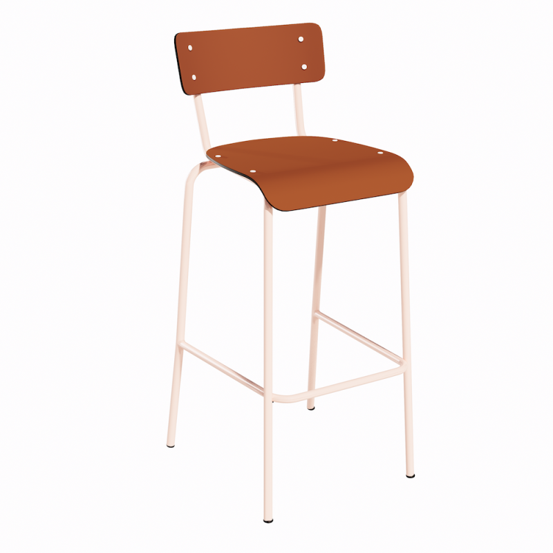 NEW Chaise de bar Suzie 75cm - Stratifié Dossier & Assise stratifié uni Paprika - Pieds Rose Poudré
