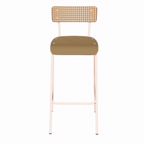 NEW Chaise de bar Suzie 75cm - Dossier Stratifié imprimé Mini Vichy & Assise stratifié uni Ocre - Pieds Rose Poudré