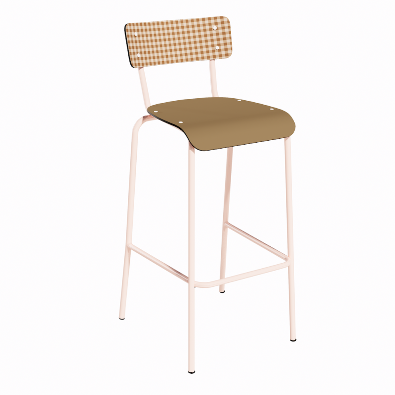 NEW Chaise de bar Suzie 75cm - Dossier Stratifié imprimé Mini Vichy & Assise stratifié uni Ocre - Pieds Rose Poudré