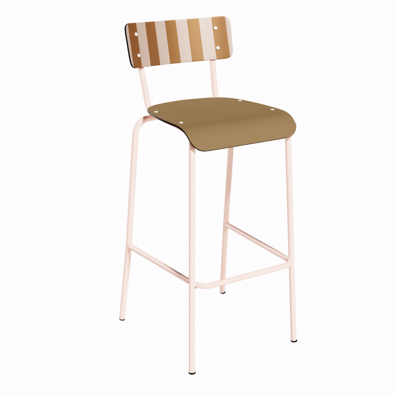NEW Chaise de bar Suzie 75cm - Dossier Stratifié imprimé French Riviera & Assise stratifié uni Ocre - Pieds Rose Poudré
