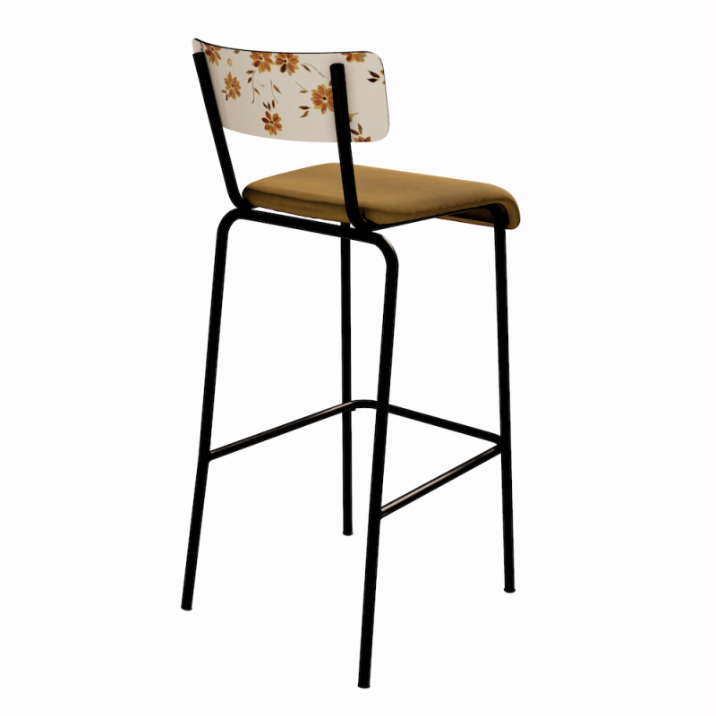 NEW Chaise de bar Suzie 75cm – Stratifié Dossier imprimé Bohème Ocre & Assise velours Ocre - Pieds Noirs