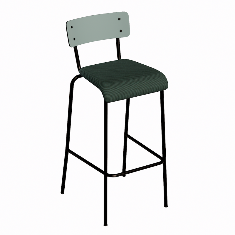 NEW Chaise de bar Suzie 65cm – Bi-matière Dossier Kaki & Assise Velours côtelé Vert Forêt - Pieds Noirs