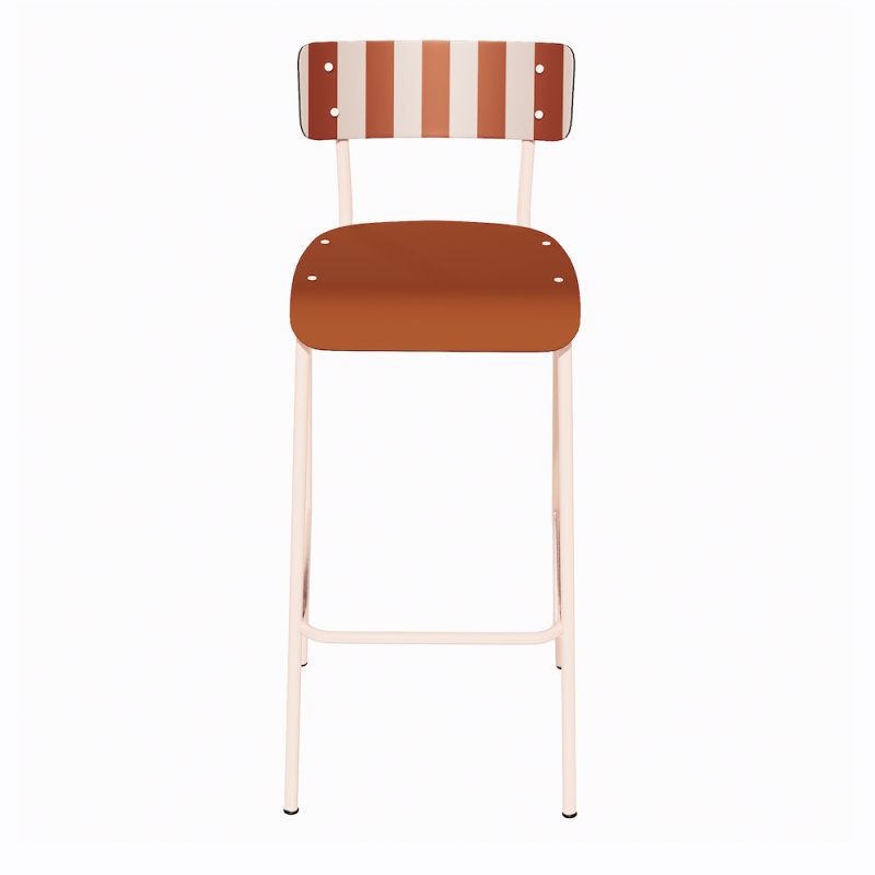 NEW Chaise de bar Suzie 65cm - Dossier Stratifié imprimé French Riviera & Assise stratifié uni Paprika - Pieds Rose Poudré