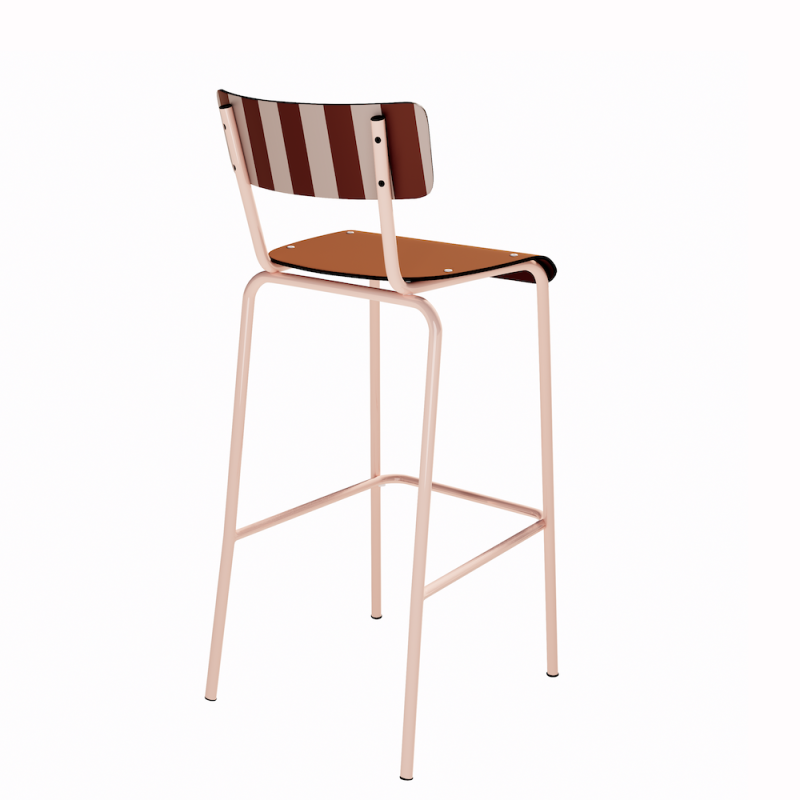 NEW Chaise de bar Suzie 65cm - Dossier Stratifié imprimé French Riviera & Assise stratifié uni Paprika - Pieds Rose Poudré