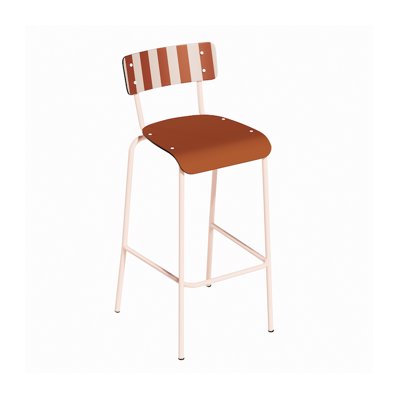 NEW Chaise de bar Suzie 65cm - Dossier Stratifié imprimé French Riviera & Assise stratifié uni Paprika - Pieds Rose Poudré