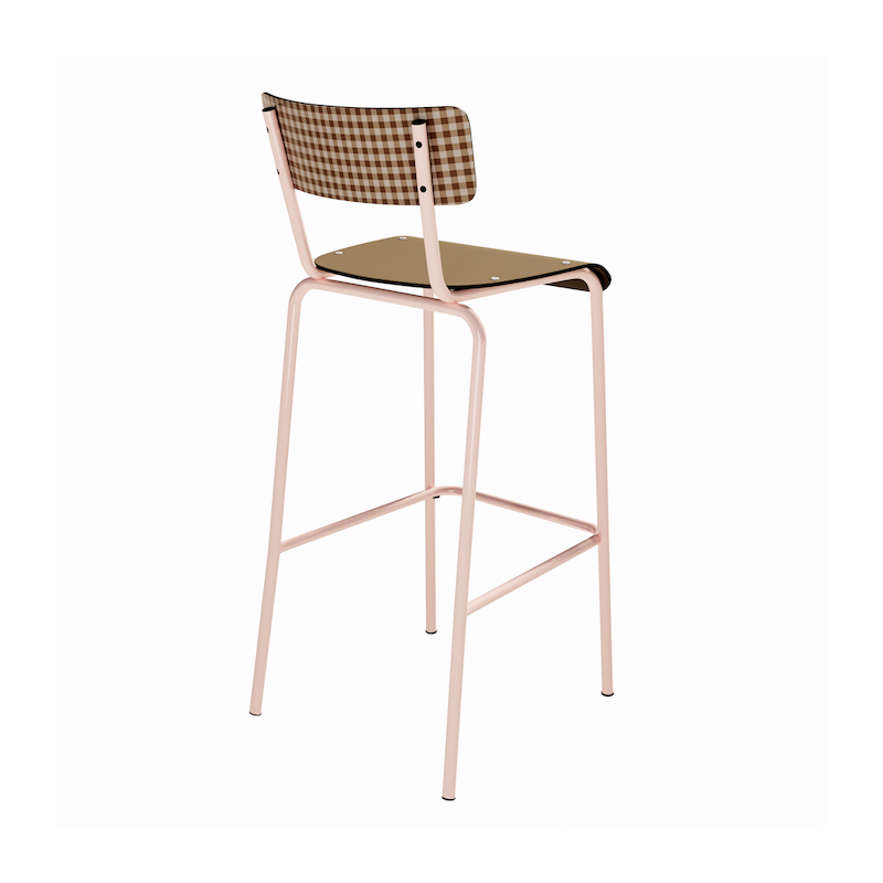 NEW Chaise de bar Suzie 75cm - Dossier Stratifié imprimé Mini Vichy & Assise stratifié uni Ocre - Pieds Rose Poudré