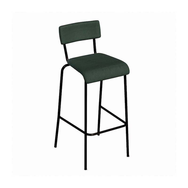 NEW Chaise de bar Suzie 65cm - Velours côtelé Dossier & Assise Vert Forêt - Pieds Noirs