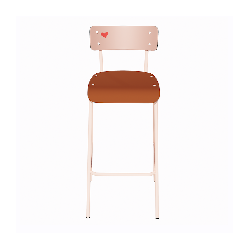 NEW Chaise de Bar Suzie 65cm – Stratifié Dossier imprimé Amour Beige & Assise uni Paprika - Pieds Rose Poudré
