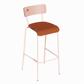 NEW Chaise de Bar Suzie 65cm – Stratifié Dossier imprimé Amour Beige & Assise uni Paprika - Pieds Rose Poudré