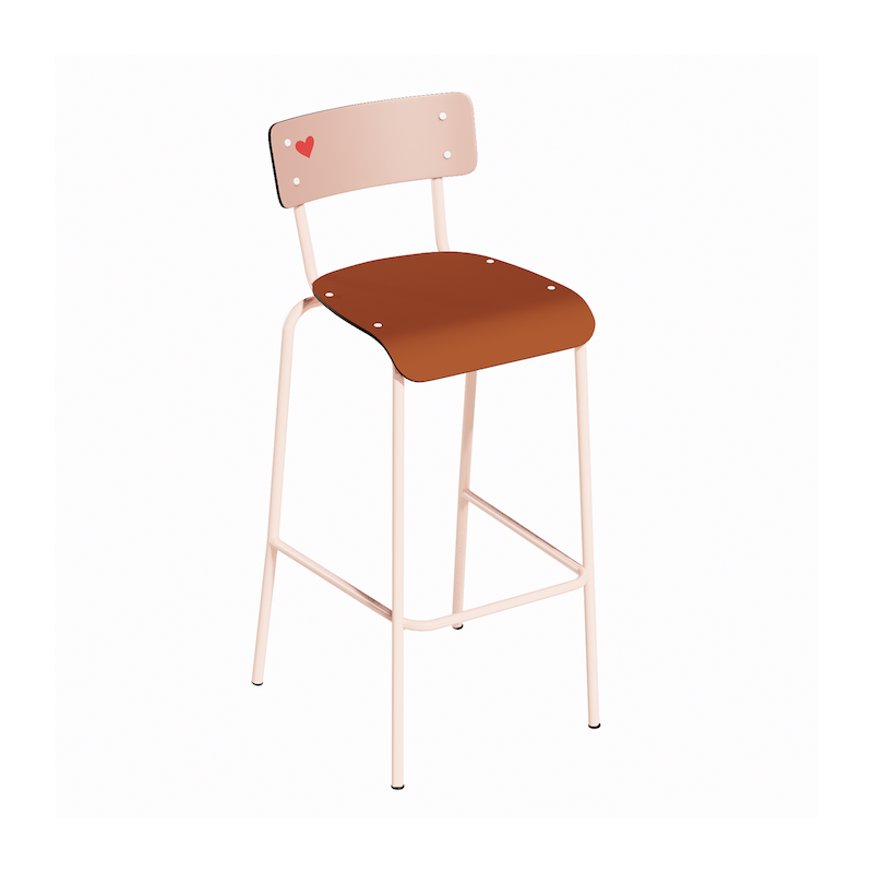 NEW Chaise de Bar Suzie 65cm – Stratifié Dossier imprimé Amour Beige & Assise uni Paprika - Pieds Rose Poudré