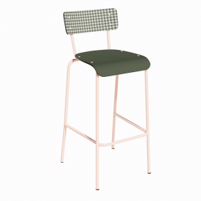 NEW Chaise de bar Suzie 75cm - Dossier Stratifié imprimé Mini Vichy & Assise stratifié uni Avocado - Pieds Rose Poudré