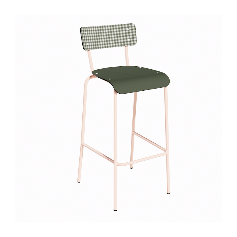 NEW Chaise de bar Suzie 75cm - Dossier Stratifié imprimé Mini Vichy & Assise stratifié uni Avocado - Pieds Rose Poudré
