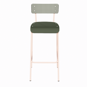 NEW Chaise de bar Suzie 75cm - Dossier Stratifié imprimé Mini Vichy & Assise stratifié uni Avocado - Pieds Rose Poudré