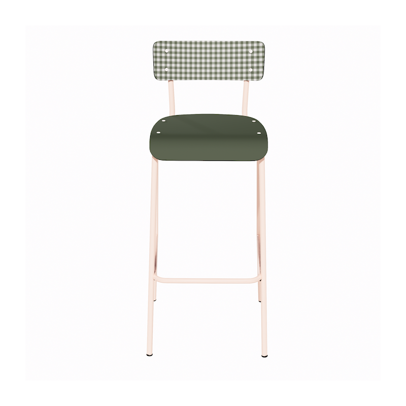 NEW Chaise de bar Suzie 75cm - Dossier Stratifié imprimé Mini Vichy & Assise stratifié uni Avocado - Pieds Rose Poudré