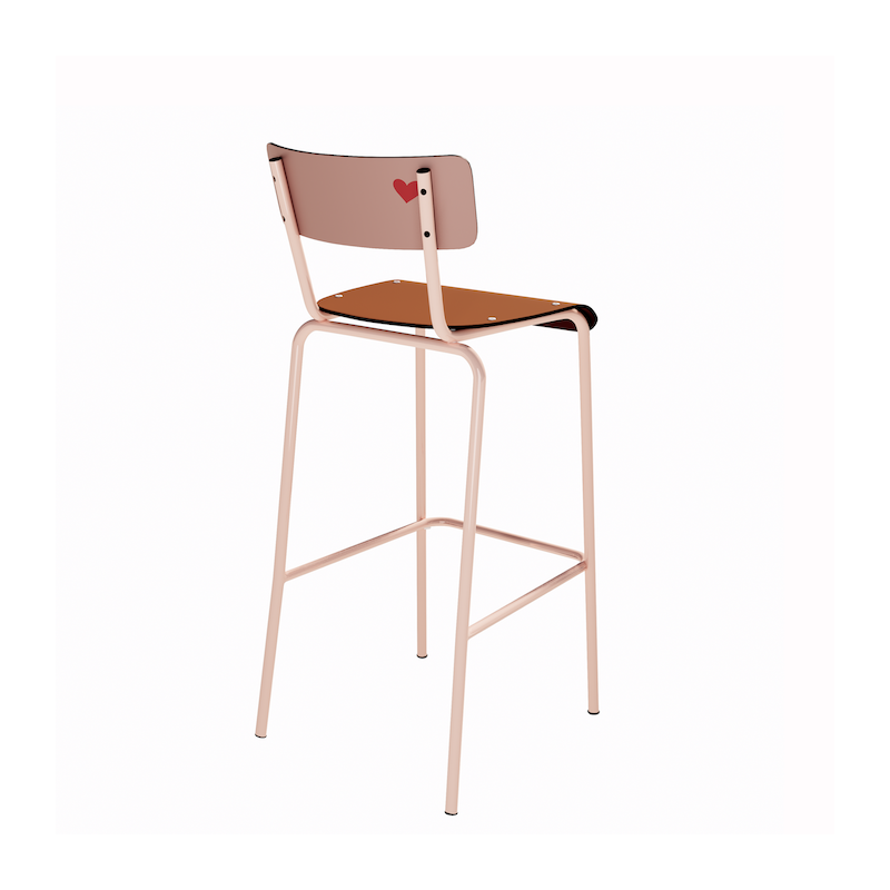 NEW Chaise de Bar Suzie 65cm – Stratifié Dossier imprimé Amour Beige & Assise uni Paprika - Pieds Rose Poudré