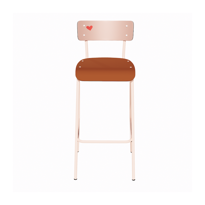 NEW Chaise de Bar Suzie 75cm – Stratifié Dossier imprimé Amour Beige & Assise uni Paprika - Pieds Rose Poudré