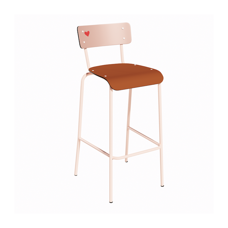 NEW Chaise de Bar Suzie 75cm – Stratifié Dossier imprimé Amour Beige & Assise uni Paprika - Pieds Rose Poudré