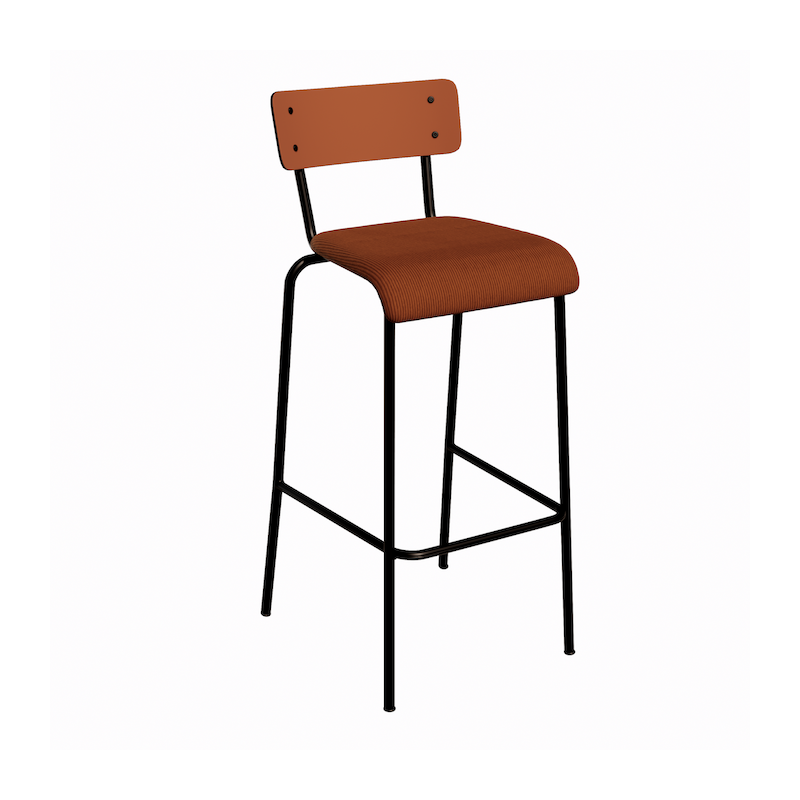 NEW Chaise de bar Suzie 75cm – bi-matière Dossier Paprika & Assise Velours côtelé Paprika - Pieds Noirs