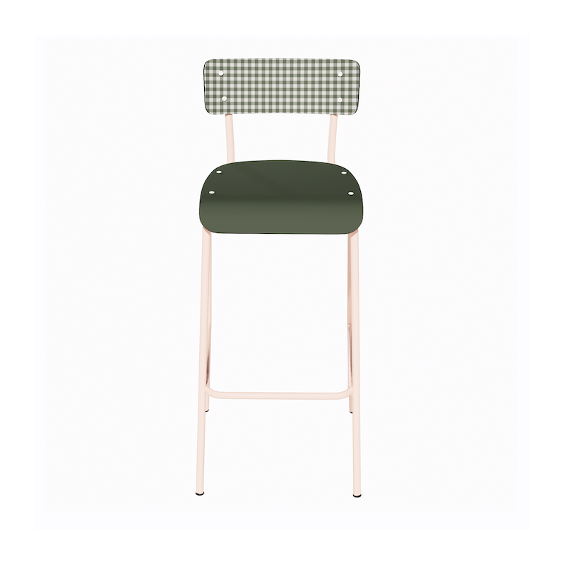 NEW Chaise de bar Suzie 65cm - Dossier Stratifié imprimé Mini Vichy & Assise stratifié uni Avocado - Pieds Rose Poudré