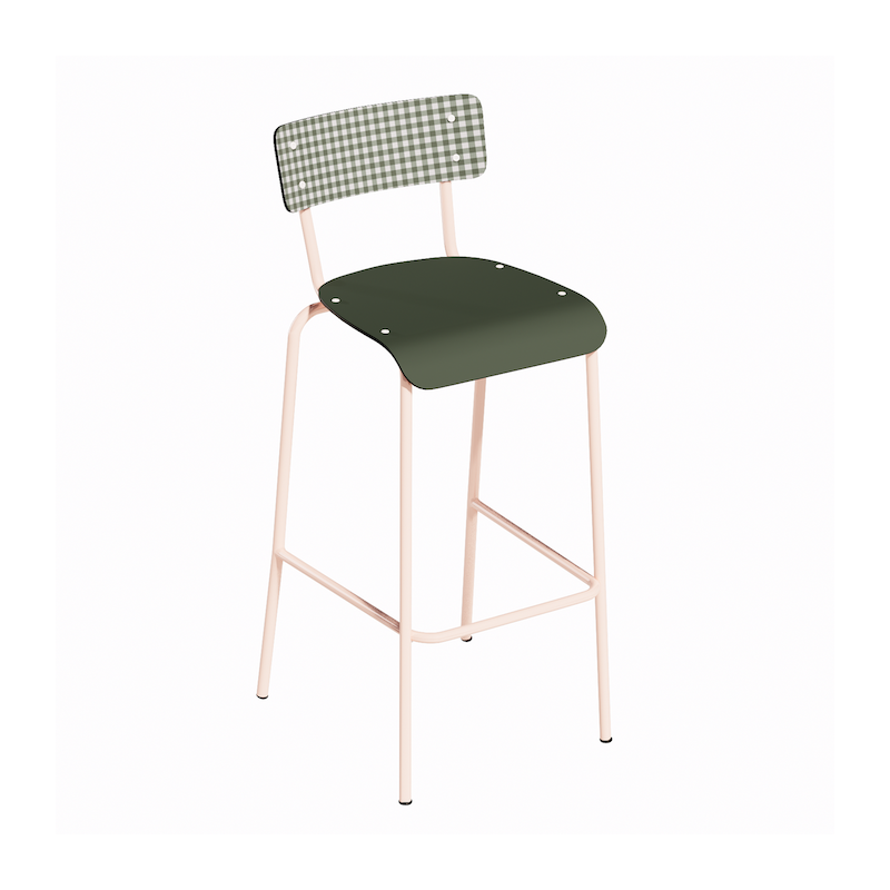 NEW Chaise de bar Suzie 65cm - Dossier Stratifié imprimé Mini Vichy & Assise stratifié uni Avocado - Pieds Rose Poudré